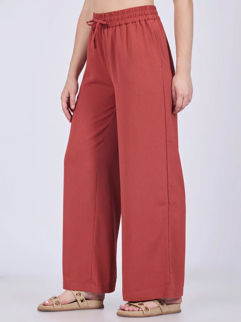 Outzidr Rust Rust Mid Waisted Wide Leg Trousers for Women | Best Price UAE